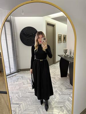 Siyah Beli Büzgü Detaylı Elbise-37041