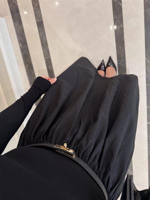 Siyah Beli Büzgü Detaylı Elbise-37041