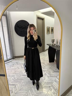 Siyah Beli Büzgü Detaylı Elbise-37041