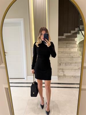 Siyah Beli Drapeli Kısa Elbise-1018