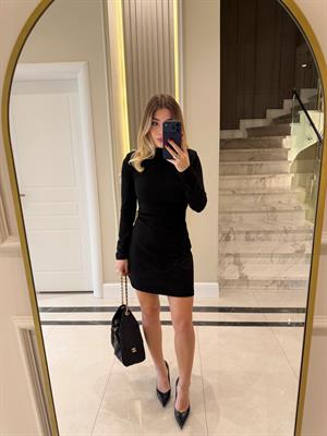 Siyah Beli Drapeli Kısa Elbise-1018