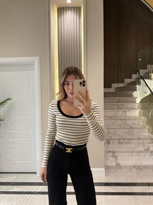 Siyah-Beyaz Çizgili Havuz Yaka Fitilli Triko Body