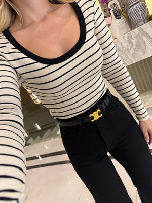 Siyah-Beyaz Çizgili Havuz Yaka Fitilli Triko Body