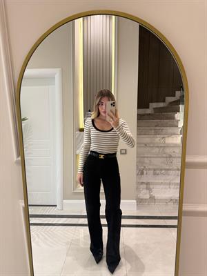 Siyah-Beyaz Çizgili Havuz Yaka Fitilli Triko Body