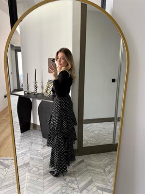 Siyah Beyaz Puantiyeli Katlı Etek-37218