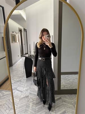 Siyah Beyaz Puantiyeli Katlı Etek-37218