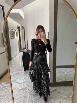 Siyah Beyaz Puantiyeli Katlı Etek-37218