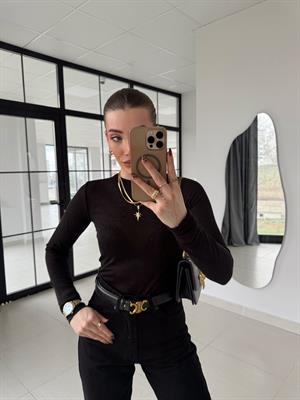 Siyah Bisiklet Yaka Transparan Bluz-1091