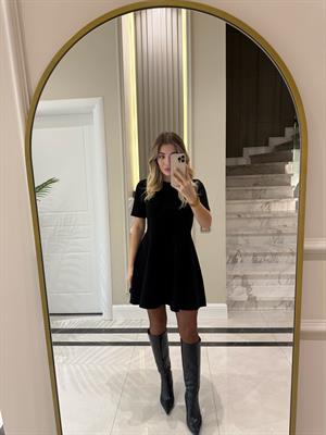 Siyah Bisiklet Yaka Volanlı Triko Elbise-90258