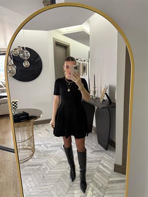 Siyah Bisiklet Yaka Volanlı Triko Elbise-90258