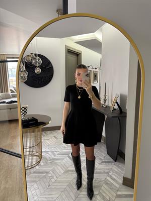 Siyah Bisiklet Yaka Volanlı Triko Elbise-90258