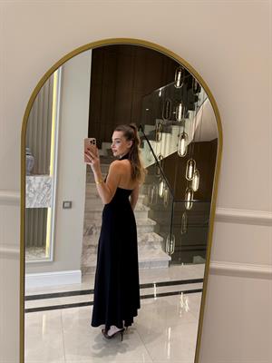 Siyah  Boyundan Bağlamalı Parçalı Elbise 