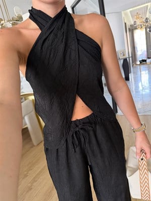 Siyah Boyundan Geçmeli Bluz Pantolon İkili Takım-0979
