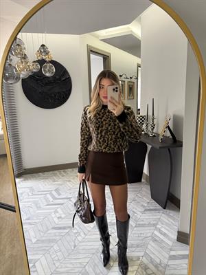 Siyah-Camel Leopar Desenli Kazak-1178