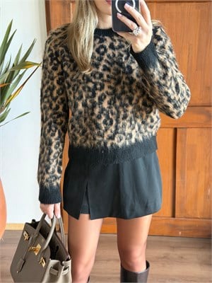 Siyah-Camel Leopar Desenli Kazak - 1178