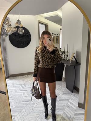 Siyah-Camel Leopar Desenli Kazak-1178