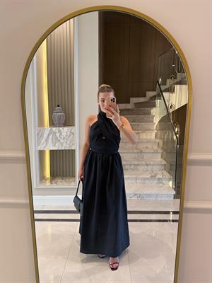 Siyah Çapraz Bağlamalı  Midi Elbise 