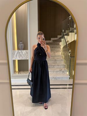 Siyah Çapraz Bağlamalı  Midi Elbise 