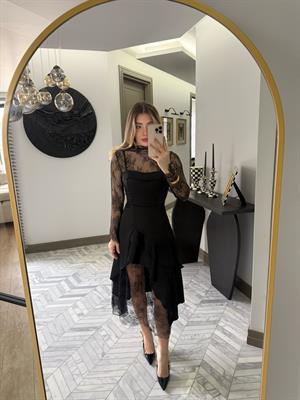 Siyah Dantel Desenli Elbise-35533