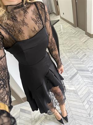 Siyah Dantel Desenli Elbise-35533