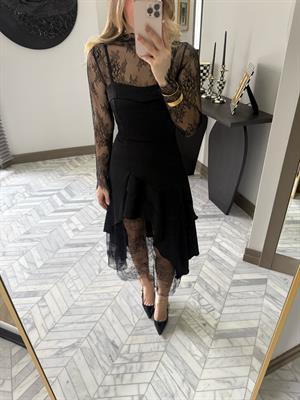 Siyah Dantel Desenli Elbise-35533