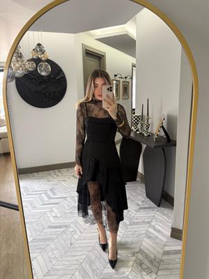 Siyah Dantel Desenli Elbise-35533