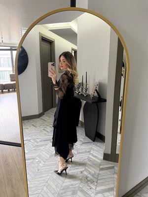 Siyah Dantel Desenli Elbise-35533