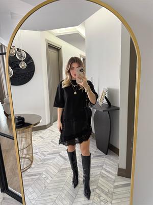 Siyah Dantel Detaylı Tişört-0771