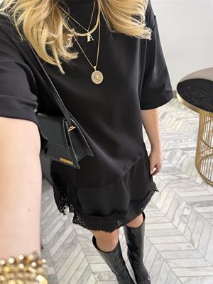 Siyah Dantel Detaylı Tişört-0771