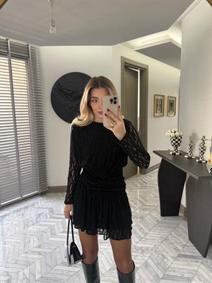 Siyah Dantel Kumaş Vatkalı Mini Elbise-35535