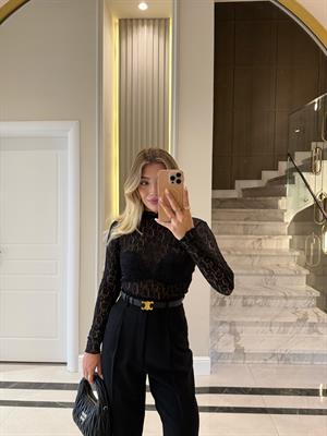 Siyah  Dantel Transparan Bluz-29710