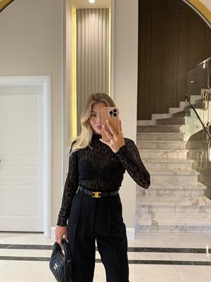 Siyah  Dantel Transparan Bluz-29710