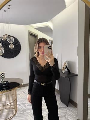 Siyah Dantelli Kaşmir Transparan Bluz-32311