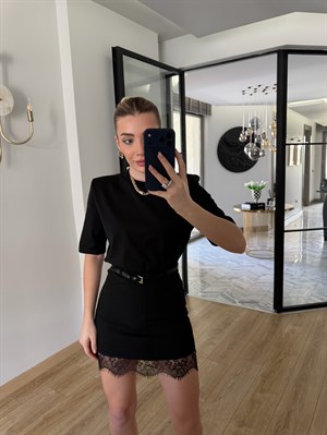 Siyah Dantelli Kemerli Etek-1012