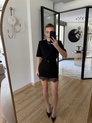 Siyah Dantelli Kemerli Etek-1012