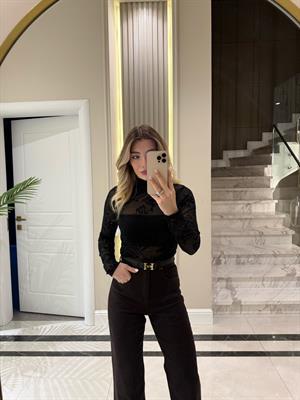 Siyah Desenli Tül Bluz-1082