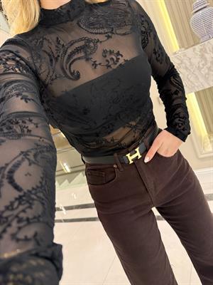 Siyah Desenli Tül Bluz-1082