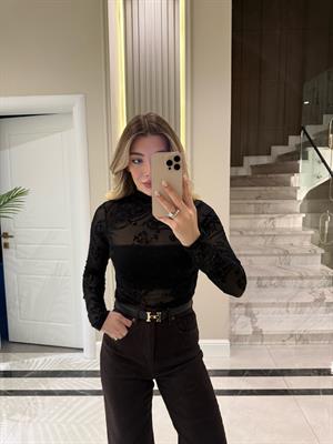 Siyah Desenli Tül Bluz-1082