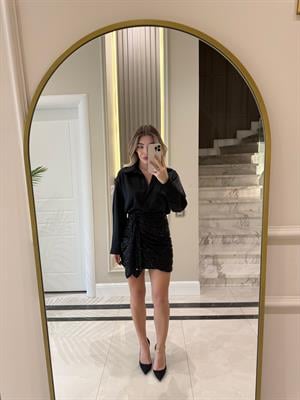 Siyah  Detaylı Pul Payet Mini Etek