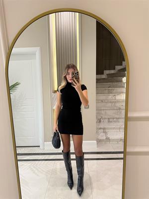 Siyah Dik Yaka Streç Mini Elbise-91304