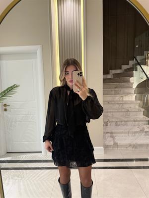 Siyah Dokulu Şifon Elbise-35526