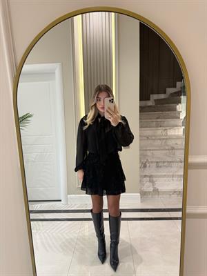 Siyah Dokulu Şifon Elbise-35526