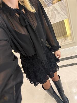 Siyah Dokulu Şifon Elbise-35526