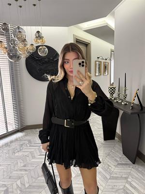 Siyah Dokulu Şifon Elbise-35537