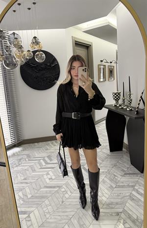 Siyah Dokulu Şifon Elbise-35537