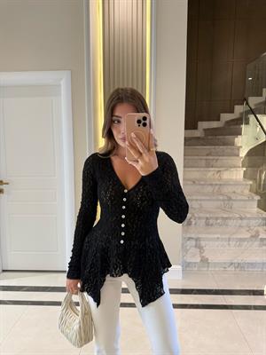 Siyah Düğmeli Peplum Dantel Hırka 