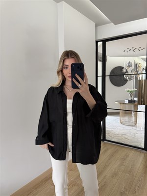 Siyah Düşük Omuzlu Oversize Tensel Gömlek-4612