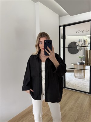 Siyah Düşük Omuzlu Oversize Tensel Gömlek-4612