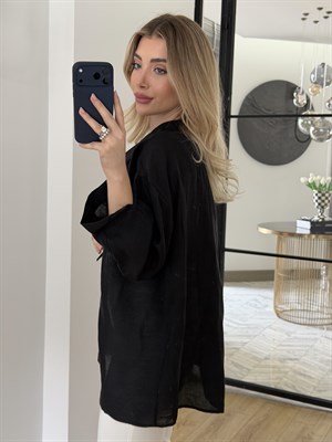 Siyah Düşük Omuzlu Oversize Tensel Gömlek-4612