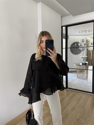 Siyah Fırfırlı Bluz-5049